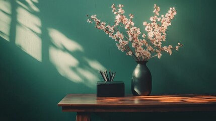 Fototapeta premium A serene arrangement featuring a vase of flowers and stationery on a wooden table against a textured green wall, illuminated by gentle sunlight.