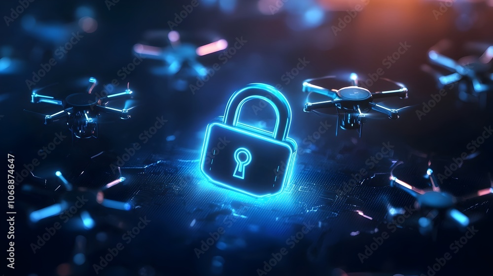 Poster glowing padlock icon surrounded by floating drones advanced security concept
