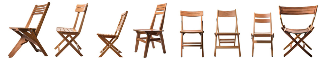 Various wooden folding chairs arranged in a row, showcasing their unique design and craftsmanship.