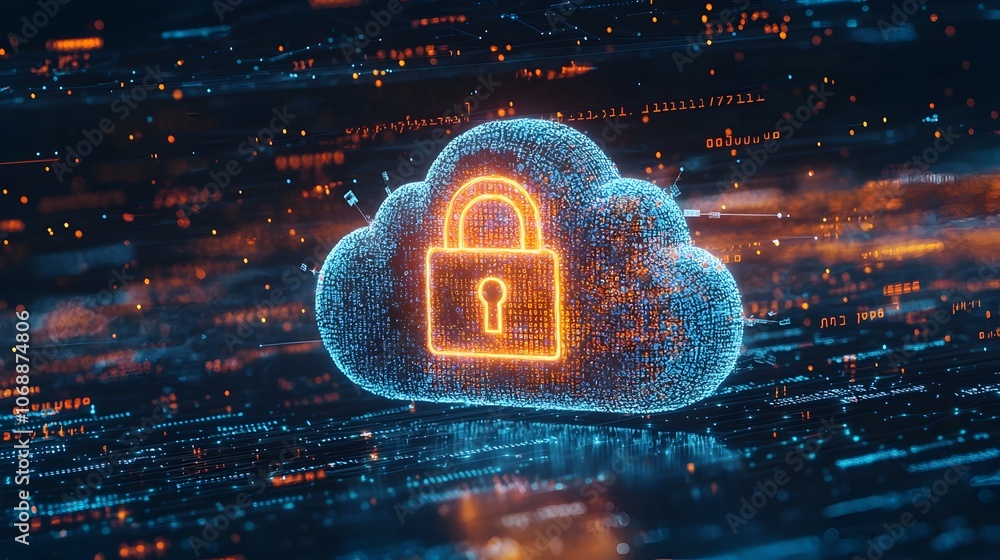 Poster glowing padlock icon floating in digital cloud with code backdrop