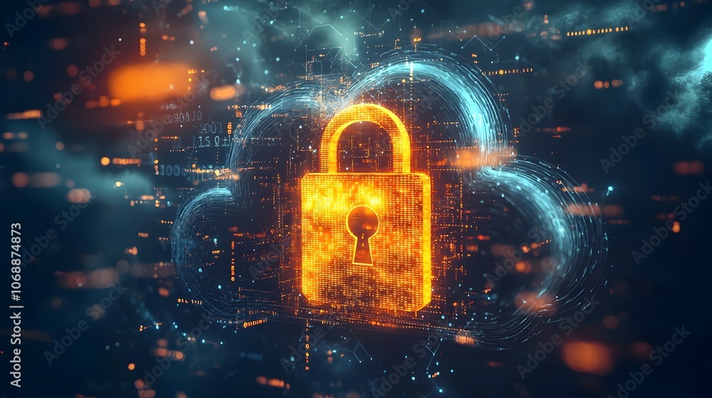 Poster glowing padlock icon floating in digital cloud with lines of code symbolizing cybersecurity and data