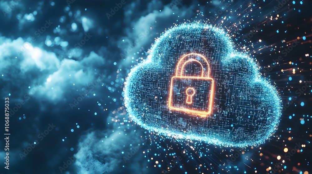 Poster padlock icon made of pure energy floating in a digital cloud symbolizing cloud security and data enc