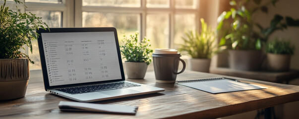 A laptop with a spreadsheet open sits on a desk with a cup of coffee and plants. 
