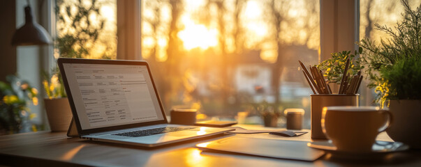 Laptop on a desk with a cup of coffee in front of a window with sunset.