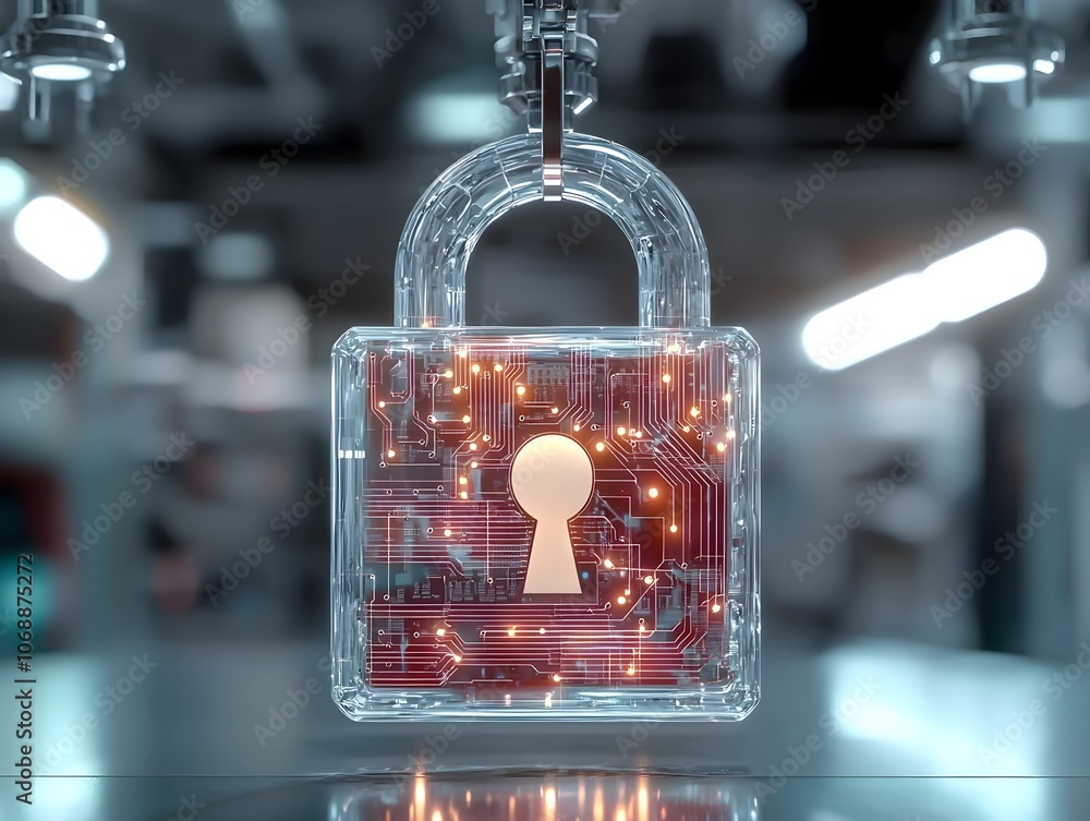 Poster transparent padlock icon with glowing circuitry in futuristic lab environment representing technolog
