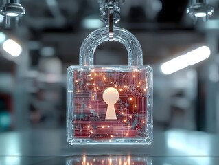 Transparent Padlock Icon with Glowing Circuitry in Futuristic Lab Environment Representing Technological Innovation in Security