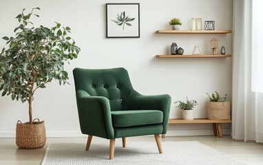 A Scandinavian-style living room interior with a minimalist green armchair placed against a clean white wall, perfect for mockup and template designs. 