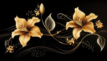 An illustration of golden flowers, leaves and lines on a black background