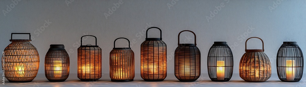 Poster glowing lanterns set on simple background