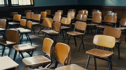 Fototapeta premium A classroom filled with empty wooden chairs, suggesting a learning environment.