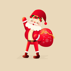 Santa Claus joyfully gives gifts in cute, Christmas holiday red outfit,   illustrated flat design vector. in fun, festive cartoon  on cream background. style for New Year celebrations