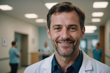 Fototapeta premium Close portrait of a smiling 40s Luxembourgish man doctor looking at the camera, Luxembourgish hospital blurred background