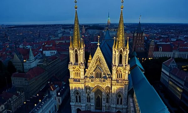 Aerial view of famous places St. Stephen's Cathedral Stephansdom at night. Mother church of the Roman Catholic Archdiocese of Vienna. Austria