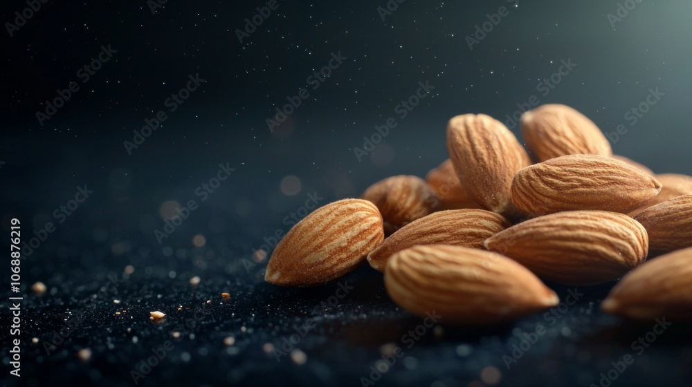 Poster almonds are presented artistic arrangement highlighted dramatic low key contour lighting dark backgr