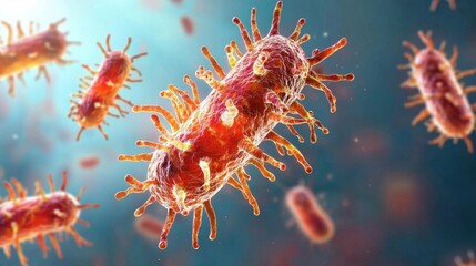 Obraz premium Bacteria exposure under a microscope concept. A vibrant illustration showing colorful bacteria with spiky surfaces, surrounded by a blurred, glowing background, emphasizing microscopic life
