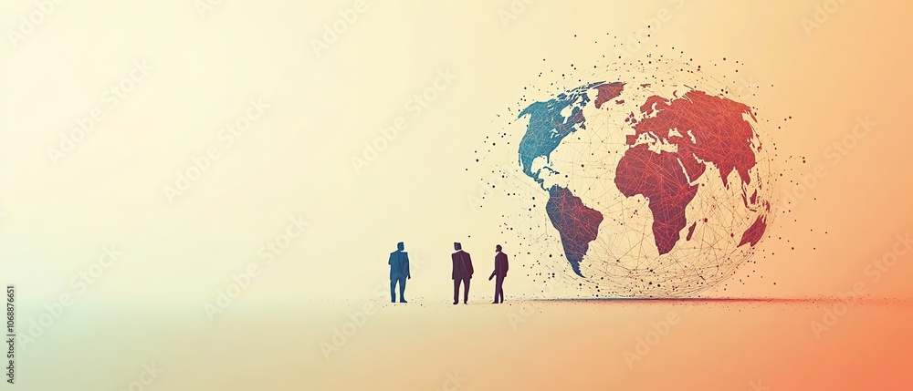 Poster Flat design featuring business professionals across the world, linked by a globe, with minimal lines and a beige background, representing online communication and global networking