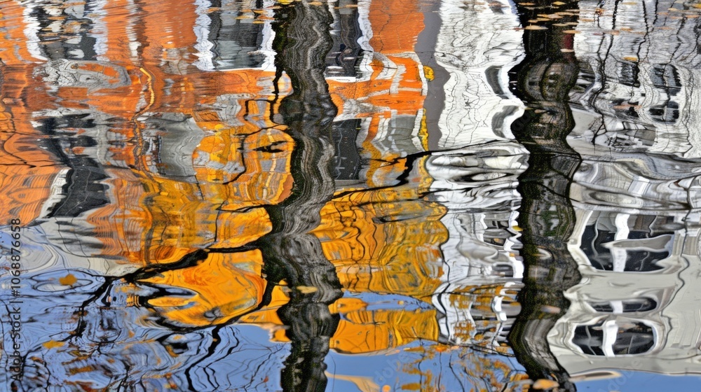 Poster a colorful reflection of buildings and trees in calm water, creating an abstract, painterly effect w