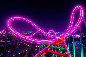 Crazy ride concept. Rollercoaster decorated with pink neon lights over night city background. Synthpop, cyberpunk style. Outdoor shot