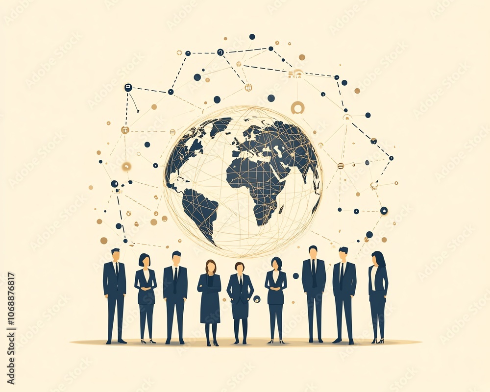 Aufkleber flat design of business professionals in formal attire with circular connections surrounding the glo