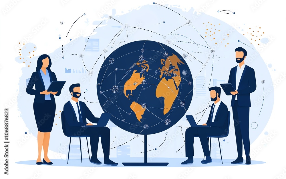Poster Flat design of business professionals in formal attire with circular connections surrounding the globe, representing a seamless global network and remote work collaboration