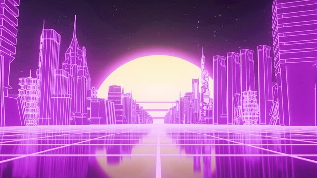 Seamless loop of retro cyberpunk cityscape with a moving grid floor. VJ synthwave looping 3D animation for music video
