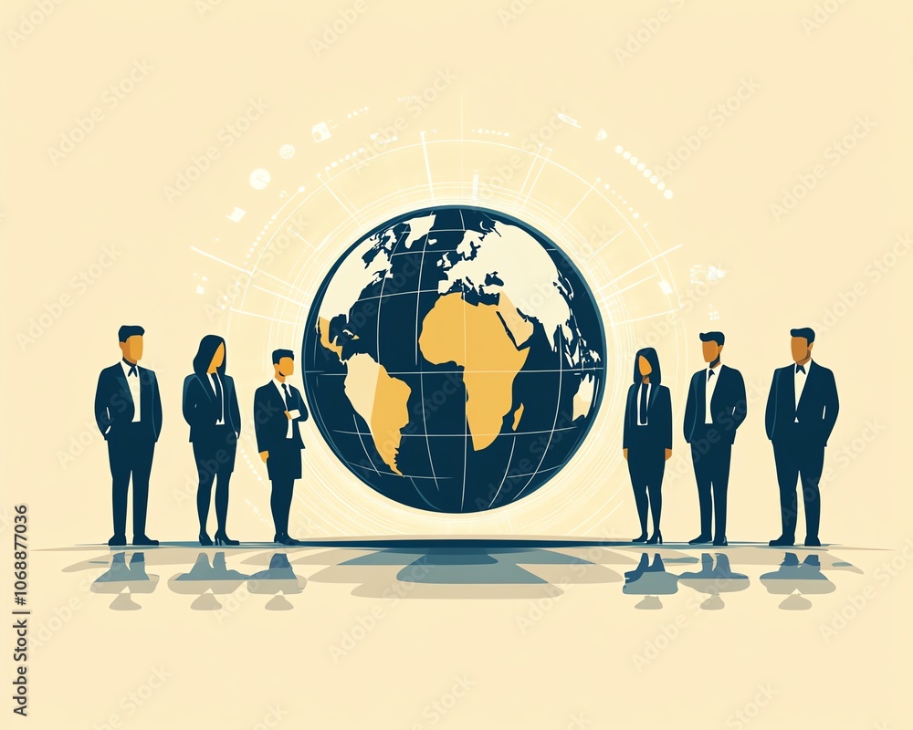 Aufkleber Flat design of business professionals in various locations around the world, linked by a globe with clean lines on a beige background, representing online communication