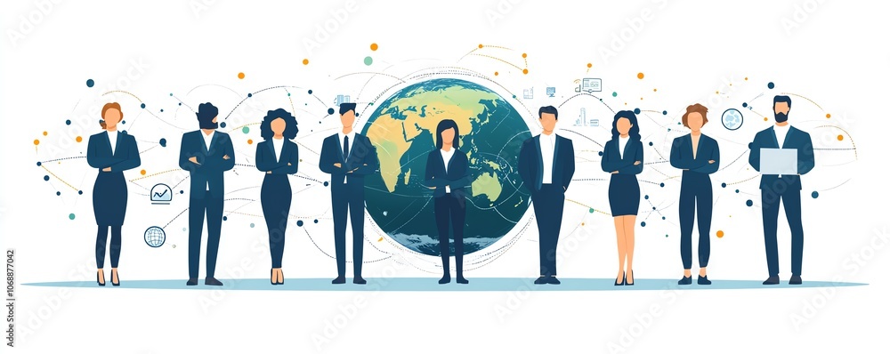 Poster flat design of business professionals standing on the planet earth, connected by circular network li