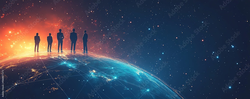 Poster flat design of business professionals standing on the planet earth, connected by circular network li