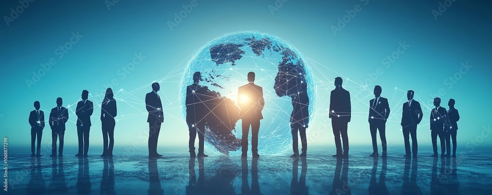Poster flat design of business people in formal attire connected by circular network lines around the globe