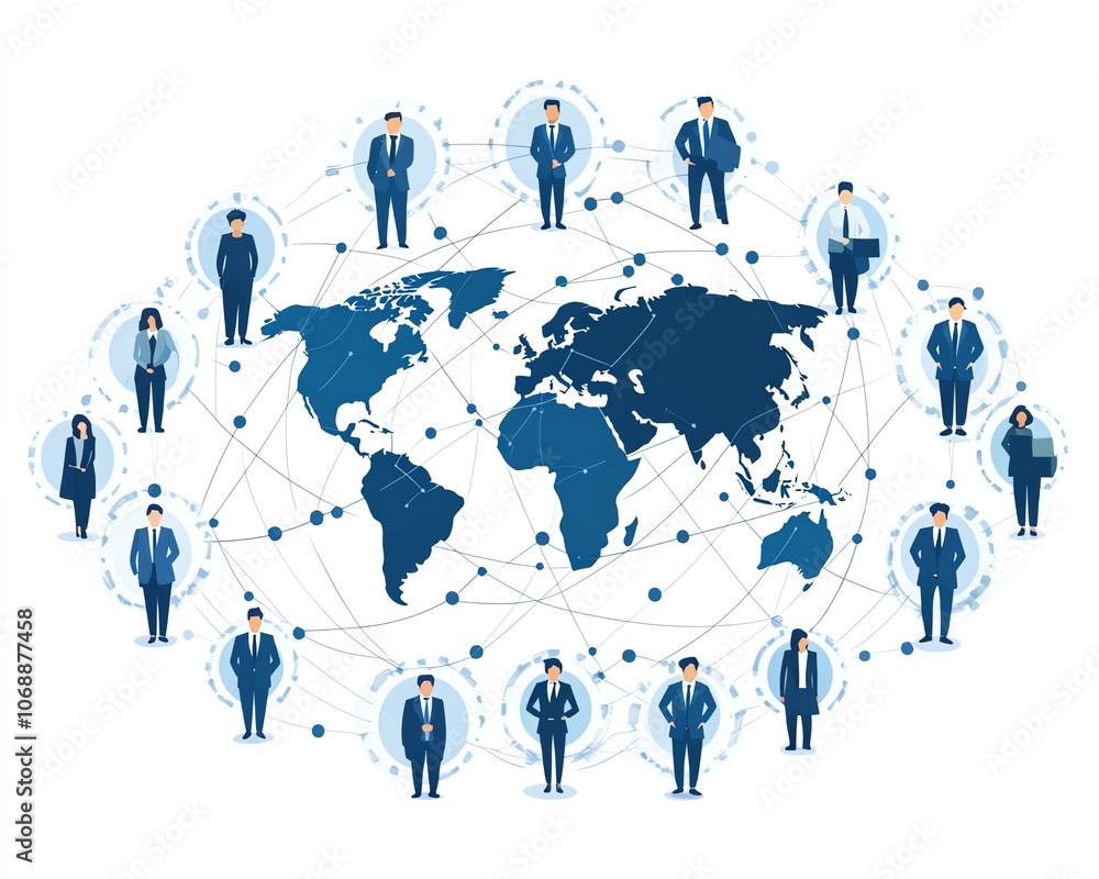 Poster flat design of professionals in business suits linked by circular connections around the world, illu