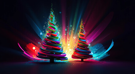 A vibrant, swirling Christmas tree with neon ribbons and glowing lights, radiating festive energy against a dark background, creating a magical, colorful holiday atmosphere. generative ai