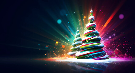 A vibrant, swirling Christmas tree with neon ribbons and glowing lights, radiating festive energy against a dark background, creating a magical, colorful holiday atmosphere. generative ai