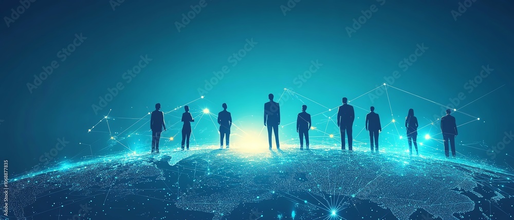 Aufkleber flat illustration of professionals in business attire standing on earth, linked by lines and circles