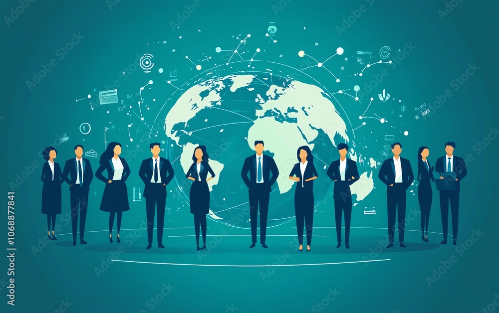 Poster flat illustration of business professionals in attire, connected by circular lines around the globe,