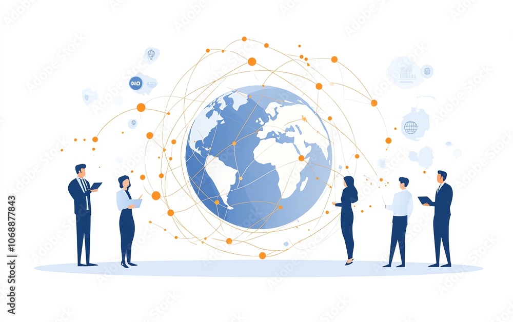 Poster flat illustration of business professionals in attire, connected by circular lines around the globe,