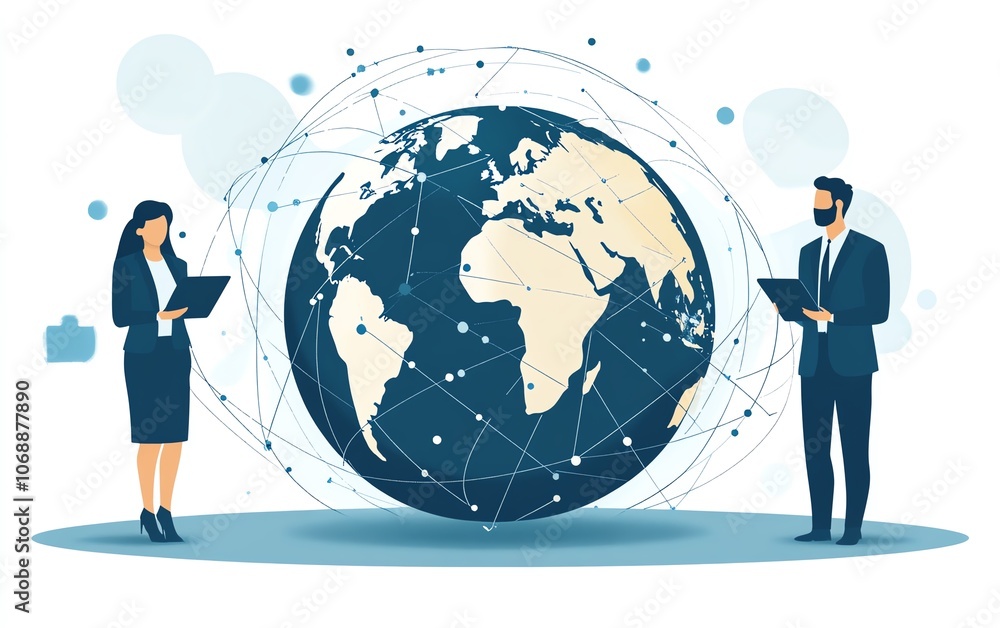 Poster flat illustration of business professionals in attire, connected by circular lines around the globe,