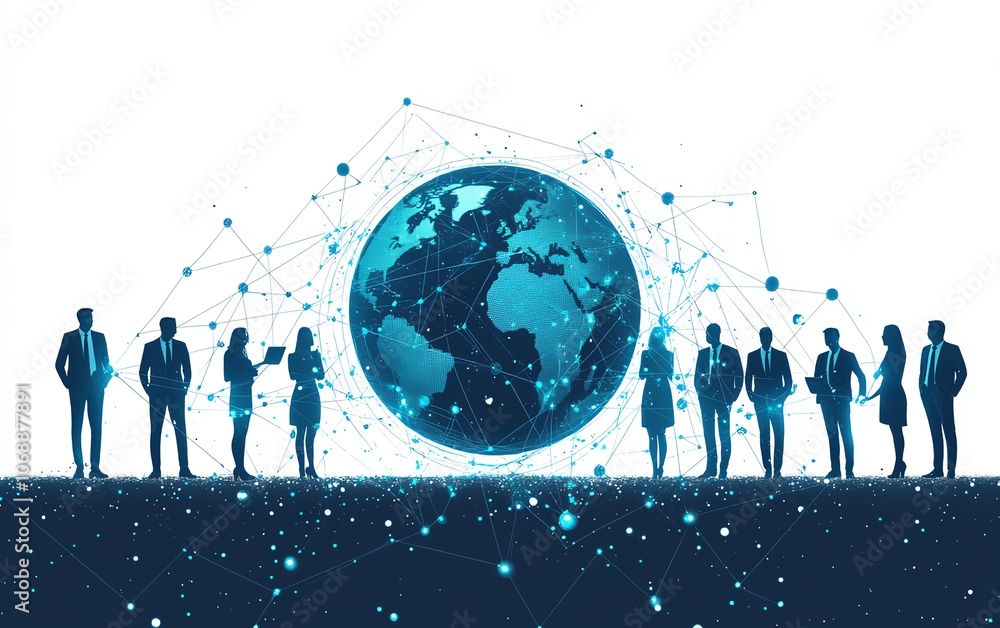 Poster flat illustration of business professionals in attire, connected by circular lines around the globe,