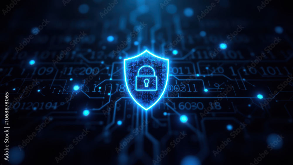 Poster cybersecurity concept with a digital shield icon and abstract circuit background in blue.