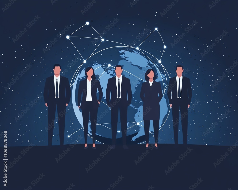 Poster flatstyle illustration of business professionals in business attire standing on earth, connected by 