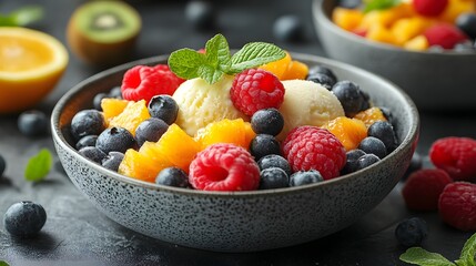 National Fruit Compote Day, spoonful of warm compote served over vanilla ice cream, appetizing and colorful