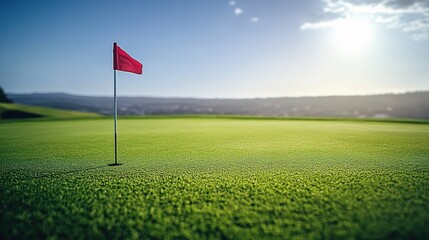 Red flag on golf course with lush green under clear sky.