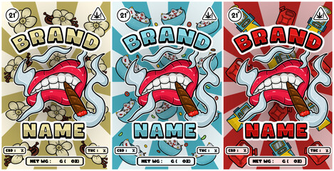 Set of Cartoon Smoking Mouth with Vanilla, Cereals, Sour Diesel Strains and Smoke