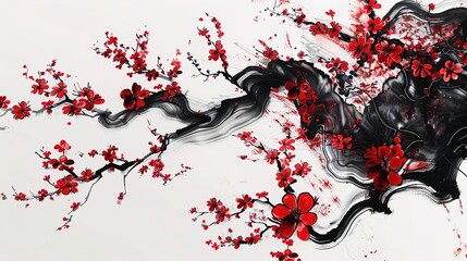 Abstract chinese ink painting with cherry blossoms, red flowers, and black wave on traditional paper background
