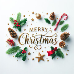 Merry Christmas Banner on white background with gift boxes, ribbons, decoration