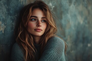 Fototapeta premium Young woman with tousled hair leaning against a textured wall in soft natural light