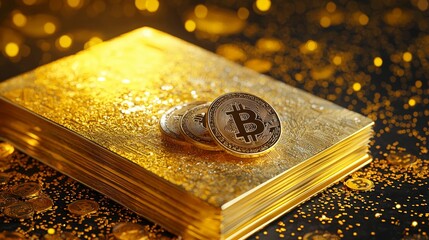 Golden Book with Ancient Symbols and Bitcoin Coins