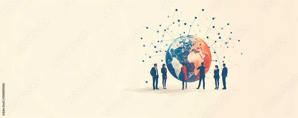 Poster a clean flat illustration of business people in work attire circling the globe with connected circle