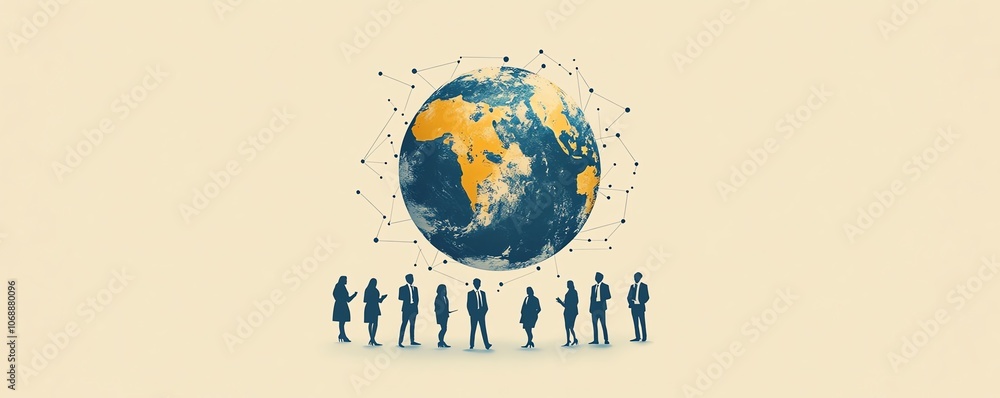 Poster a clean flat illustration of business people in work attire circling the globe with connected circle