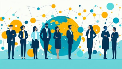 A clean flat illustration featuring business people in formal attire on Earth, connected by circles and lines, representing a global professional network and teamwork