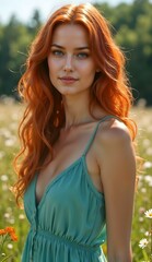 Naklejka premium Beautiful redheaded girl enjoying a summer day in the park.
